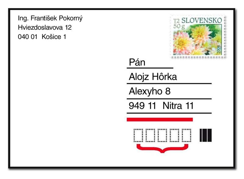 Szlovák címzés előre nyomtatott borítékon